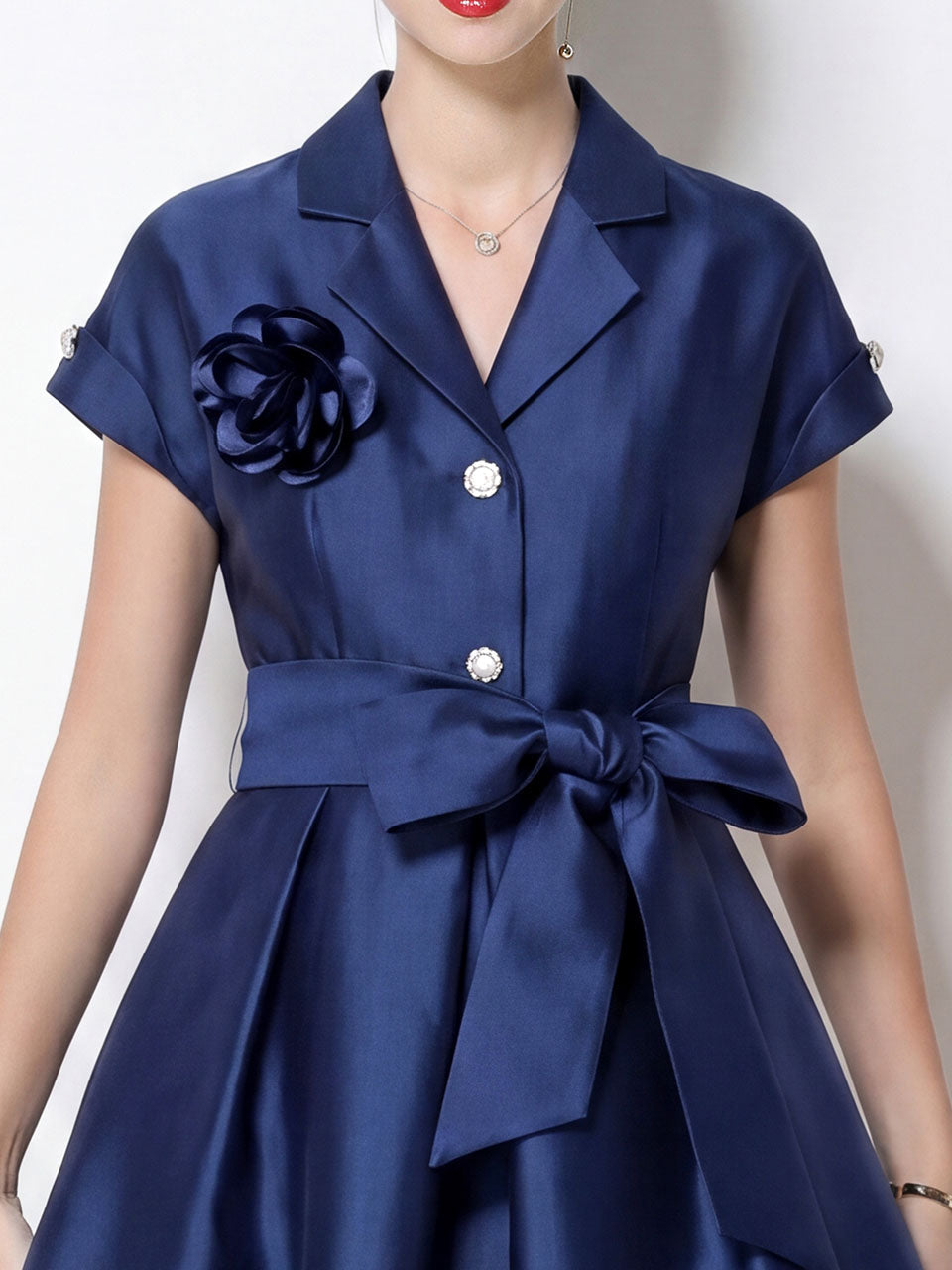 Vintage 1950s Audrey Hepburn Style Navy Satin Lapel Collar Midi Dress