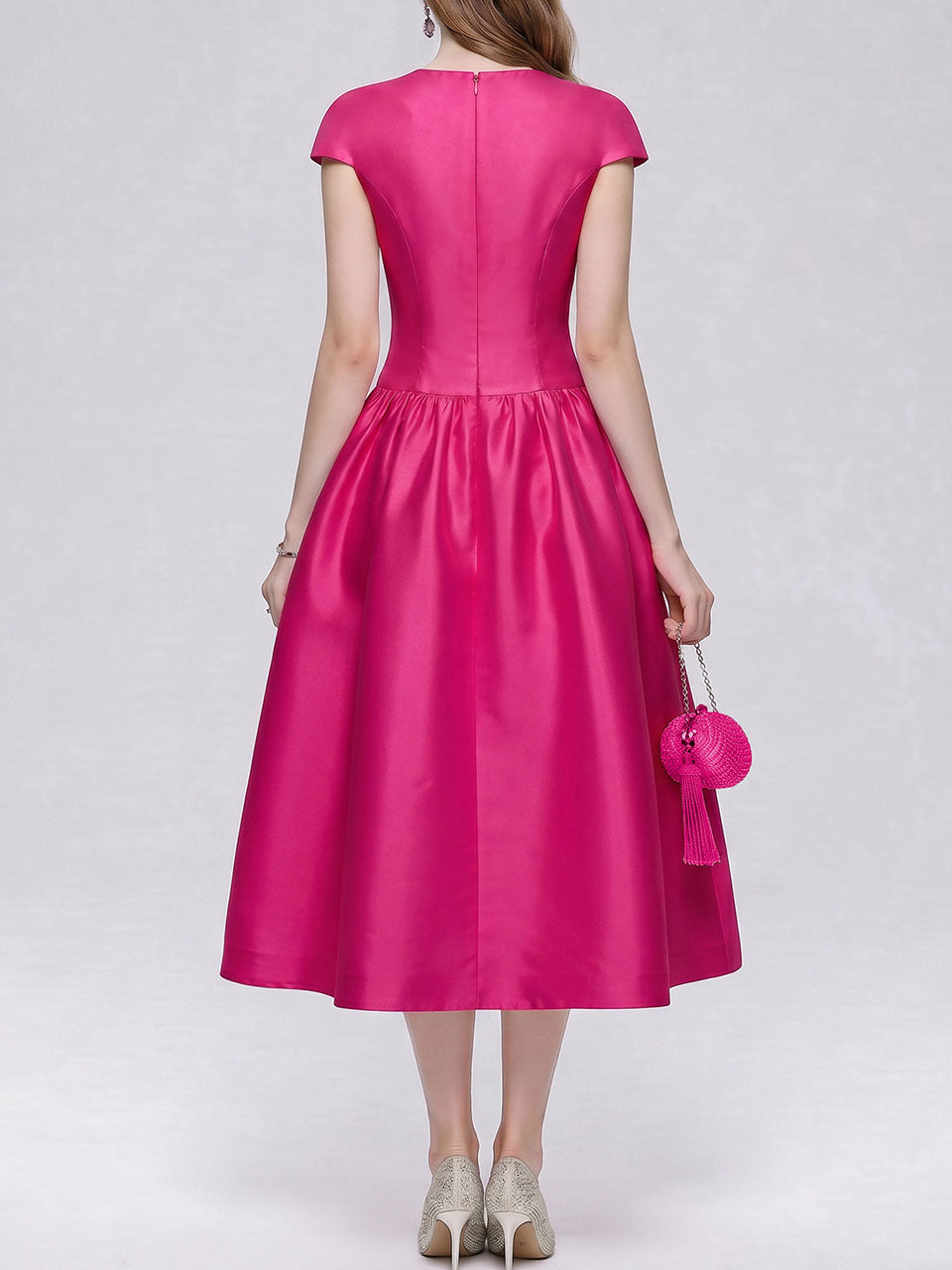 Fuchsia Satin Cap Sleeve Cocktail Midi Dress
