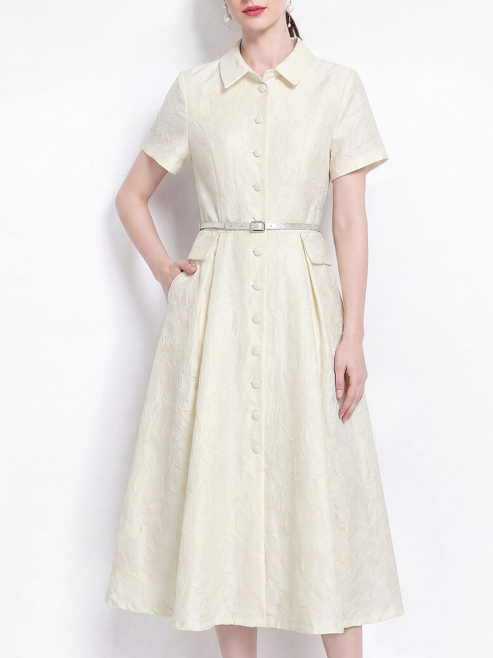 Pink Jacquard Elegant Embossed Floral Shirt Dress