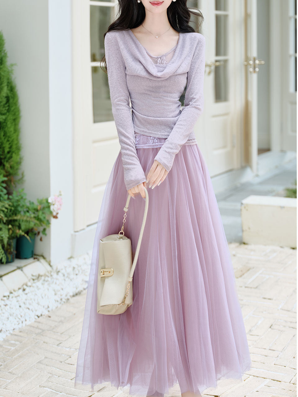 2PS Purple Lace Long Sleeve T-shirt And Purple Swing Tulle Skirt Suits