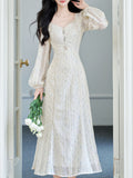 White Printed V-Neck Lace Lantern Sleeve Mermaid Dress