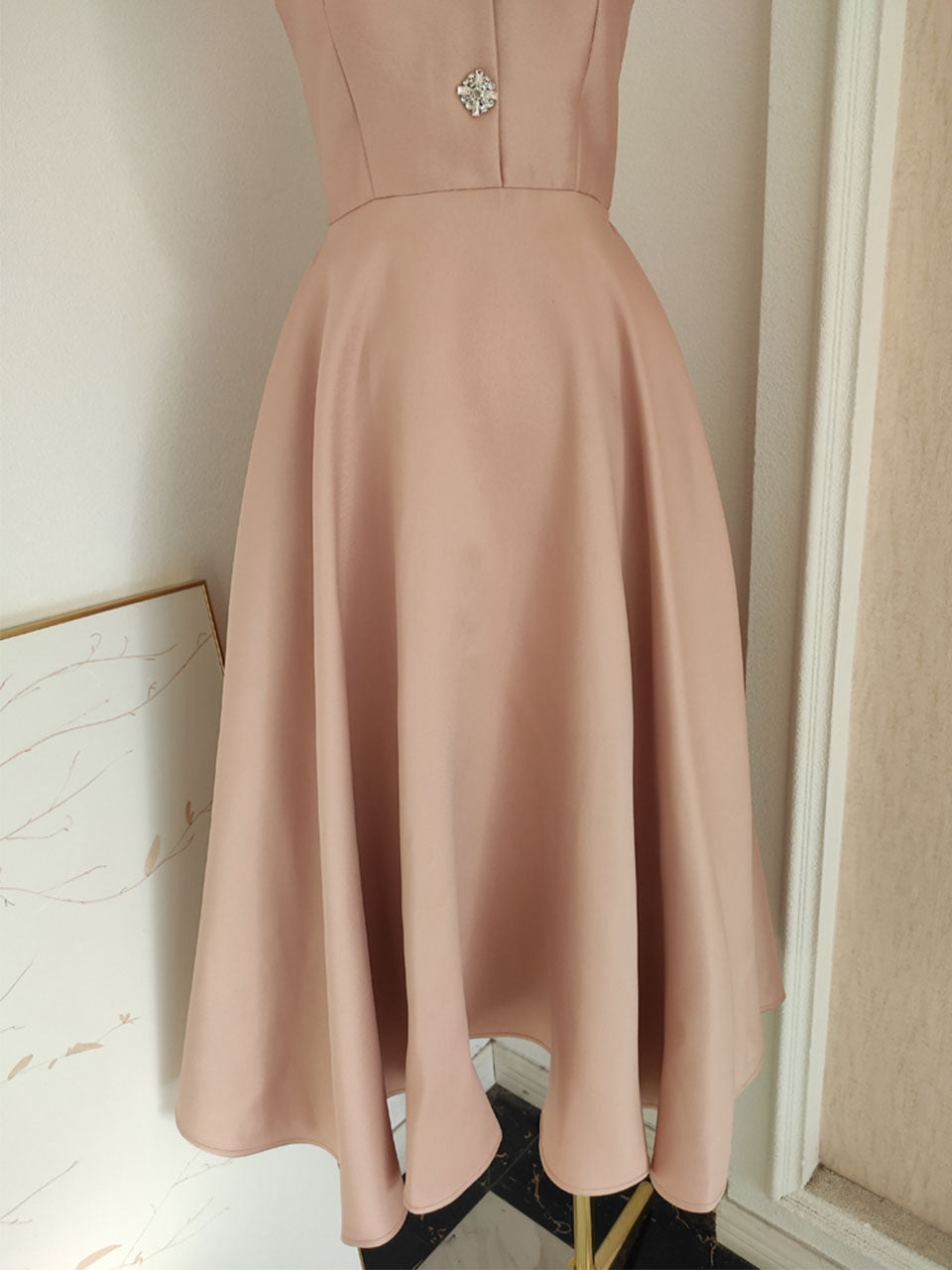 Rose Luxury Button V Neck High Waist Swing Party Dress