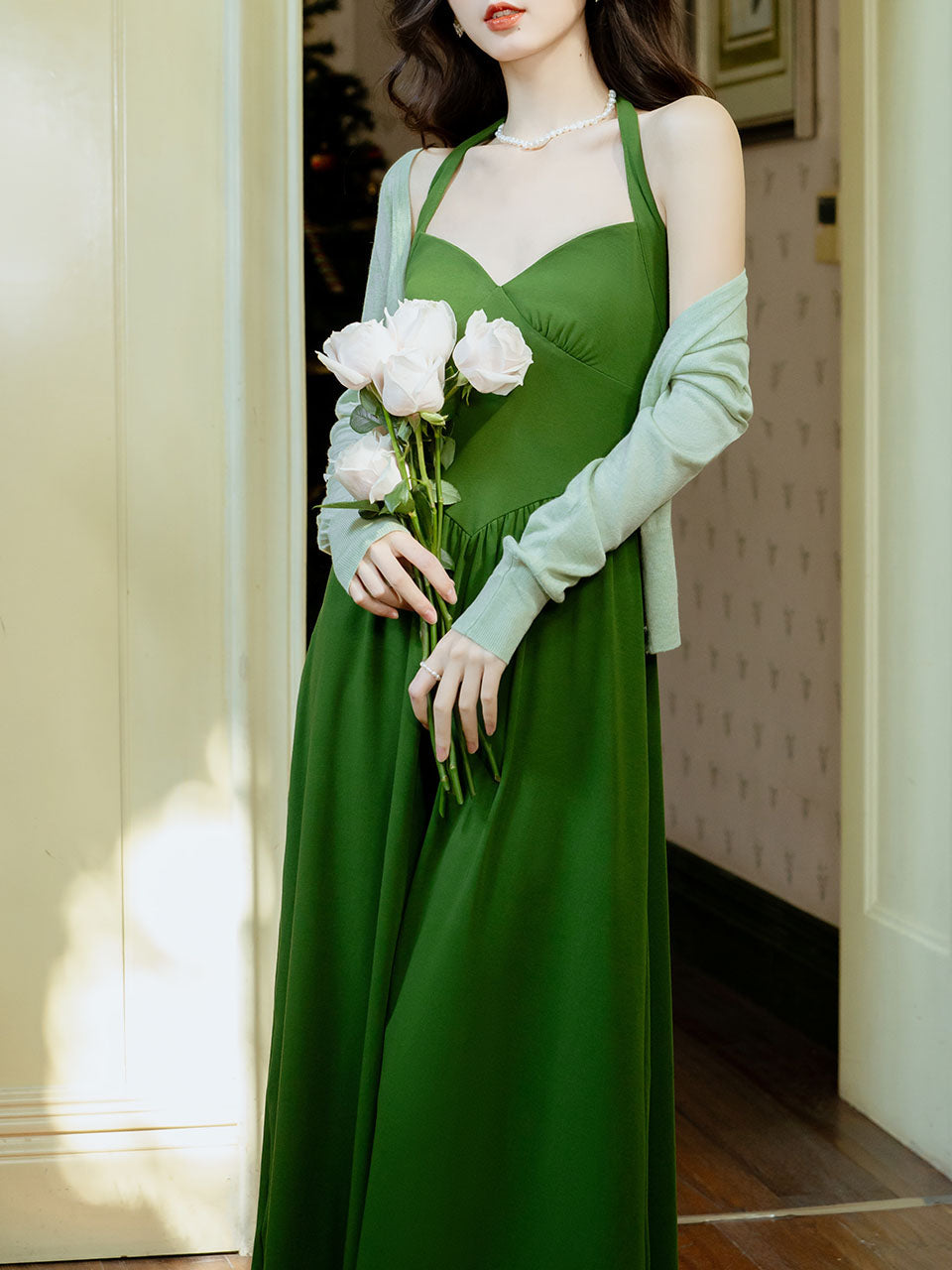 Green Halter Backless Vintage Dress Prom Dress