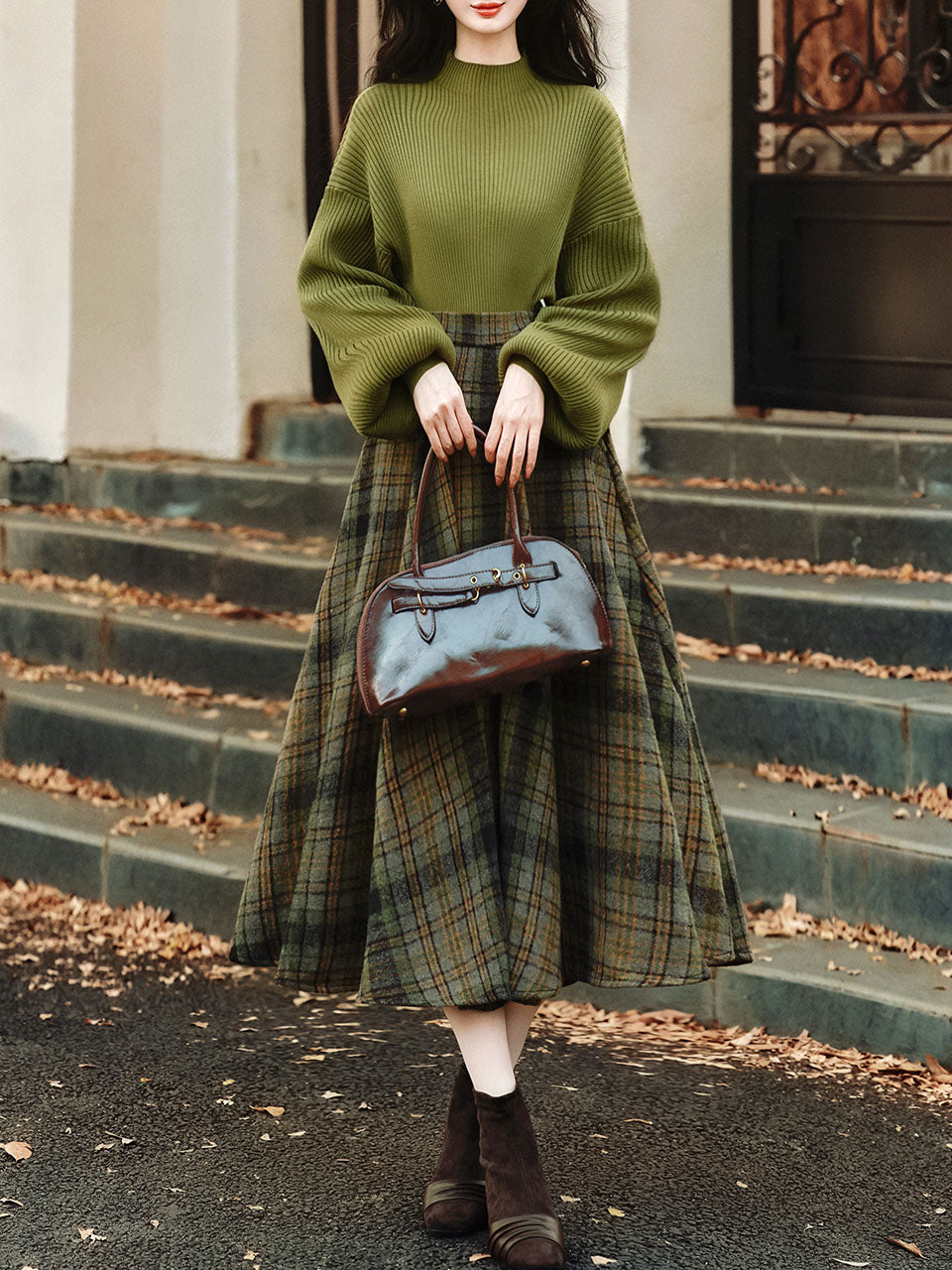 2PS Green Sweater And Plaid Swing Skirt 1950S Vintage Audrey Hepburn's Style Outfits