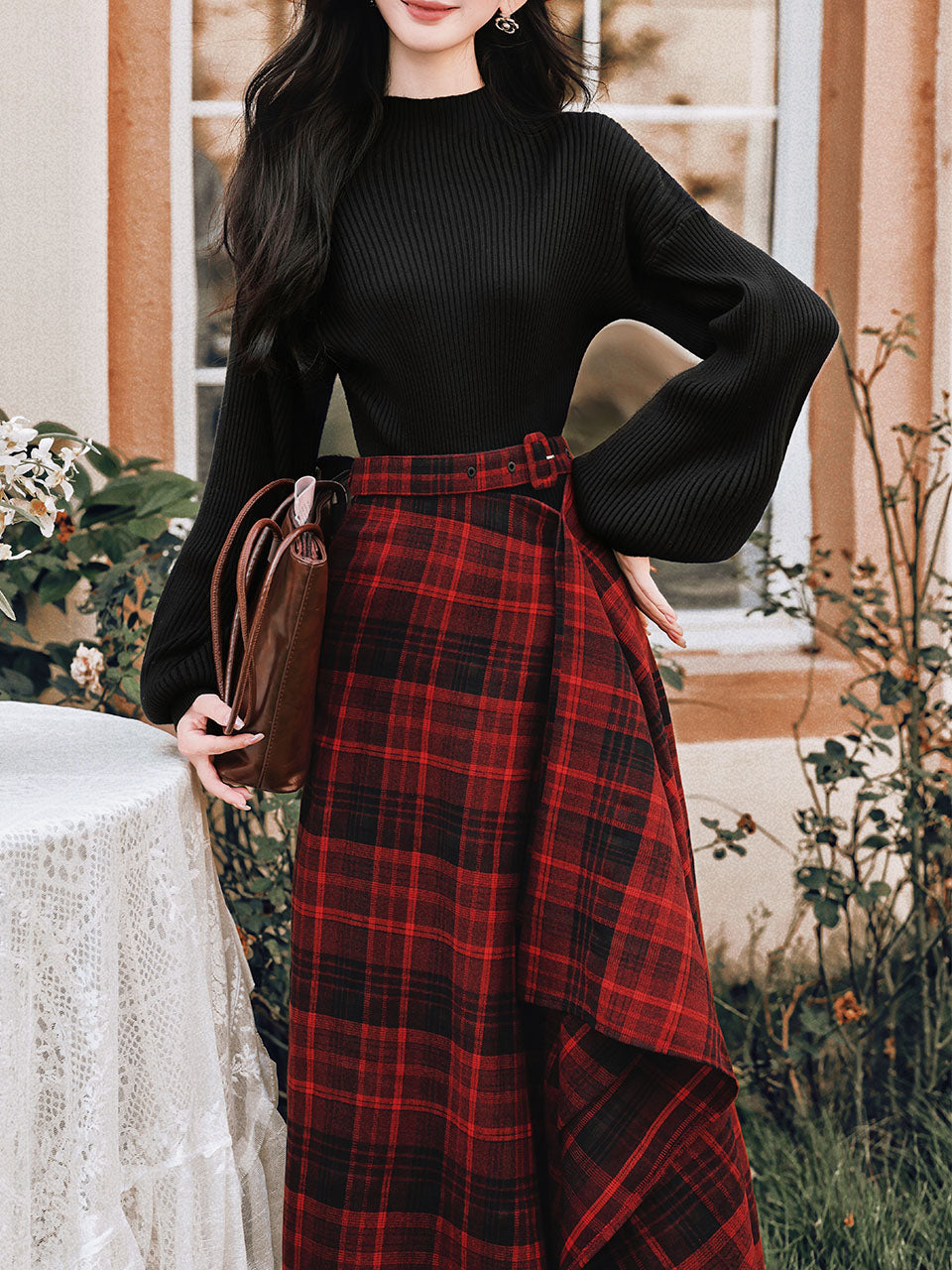 2PS Black Sweater And Red Plaid Swing Skirt 1950S Vintage Audrey Hepburn's Style Outfits