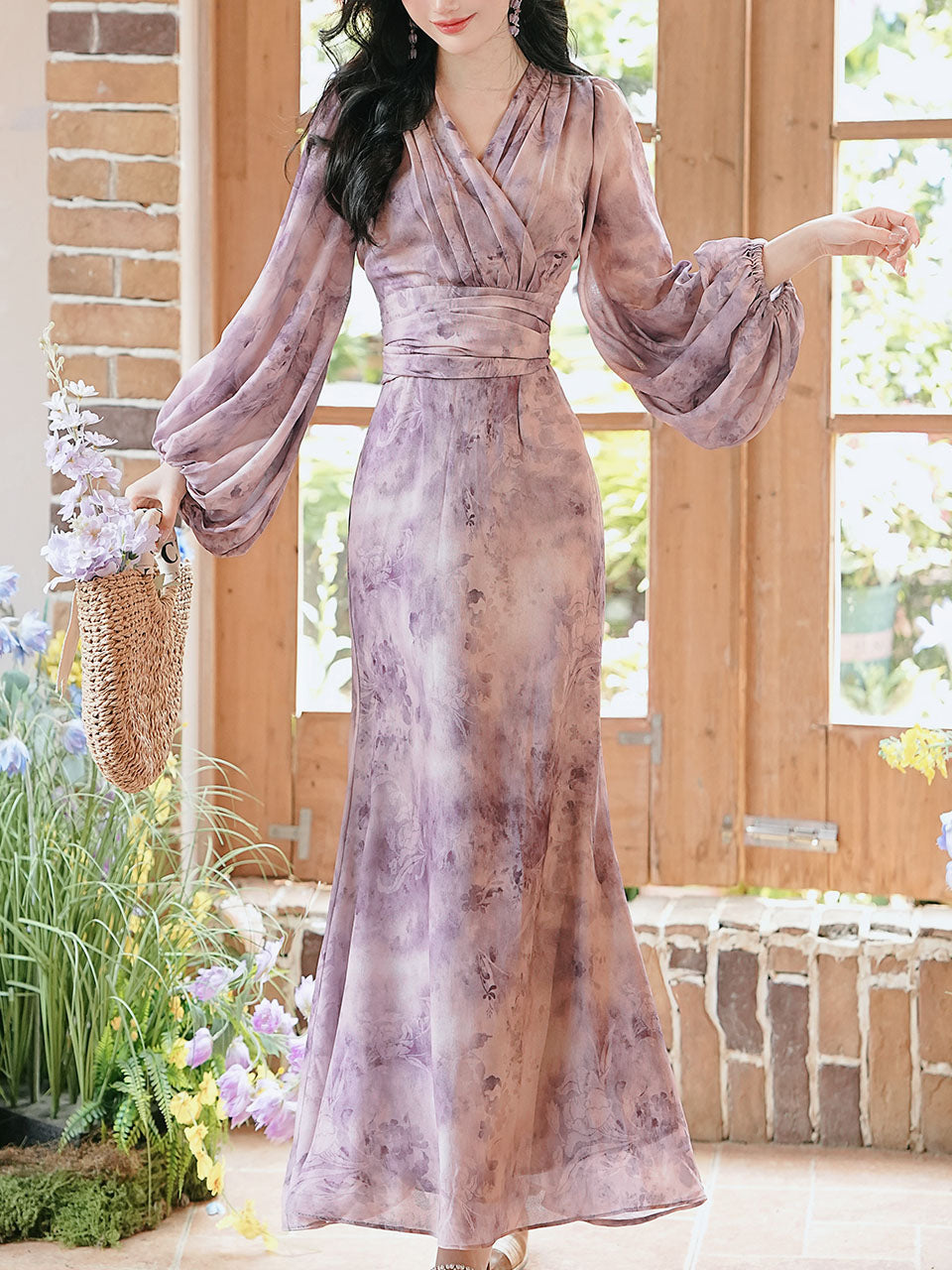 Purple Printed V-Neck Lantern Sleeve Mermaid Dress