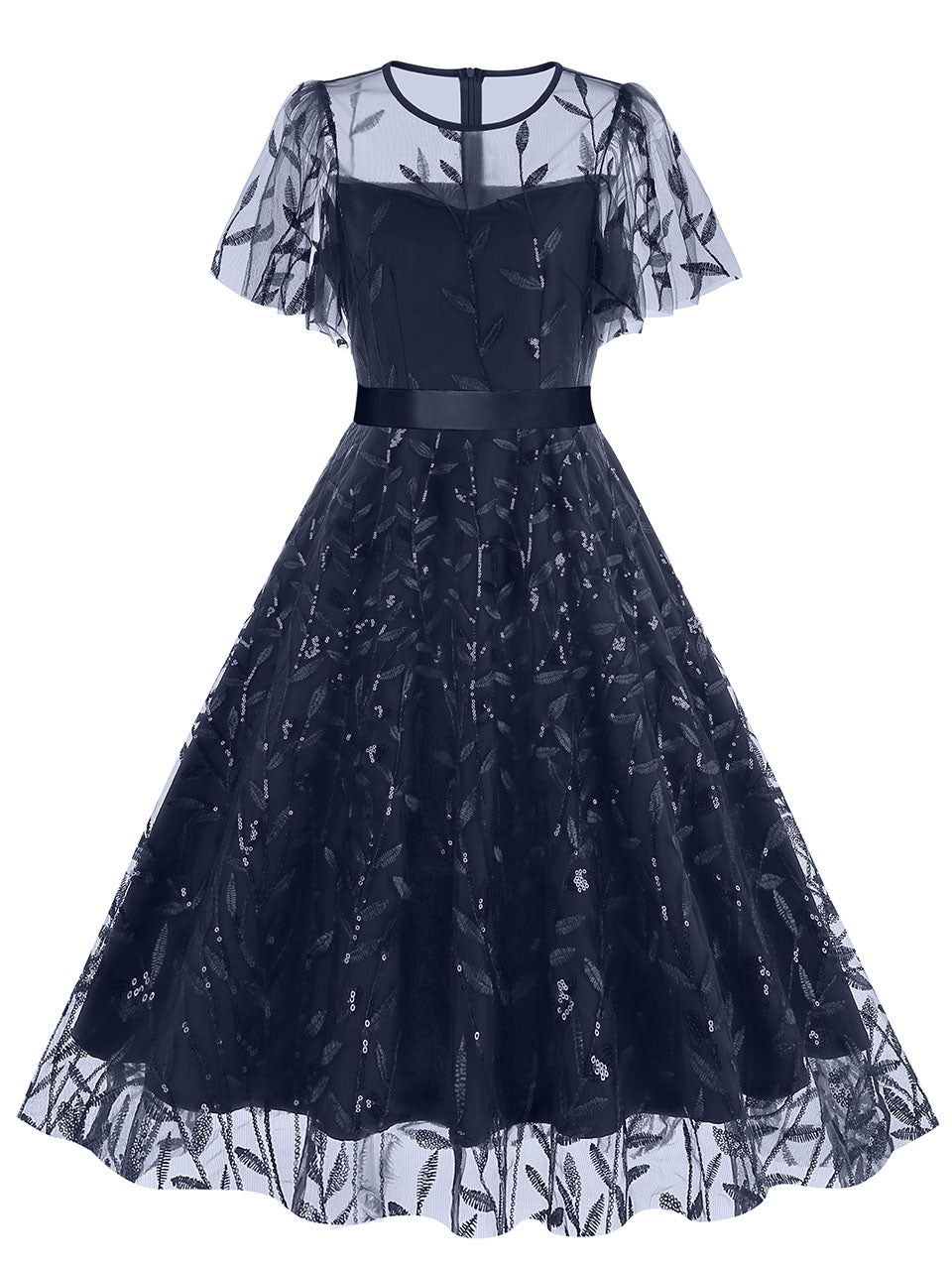 Baby Grey Semi Mesh Leaf Sequins Embroidered Short Sleeve 1950S Swing Dress