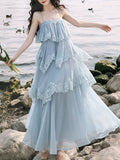 Blue Lace Spaghetti Strap Irregular Tiered Maxi Dress