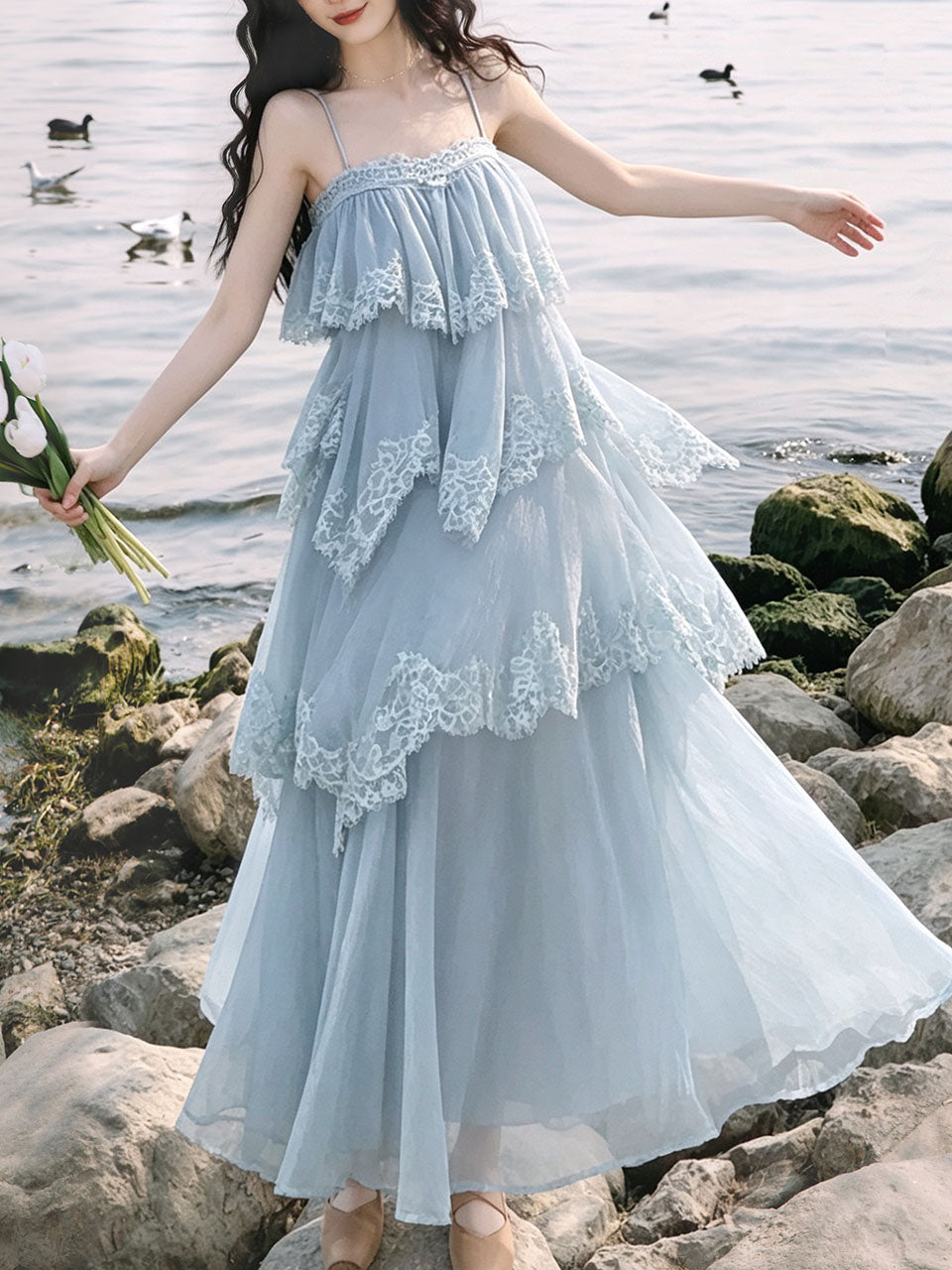 Blue Lace Spaghetti Strap Irregular Tiered Maxi Dress