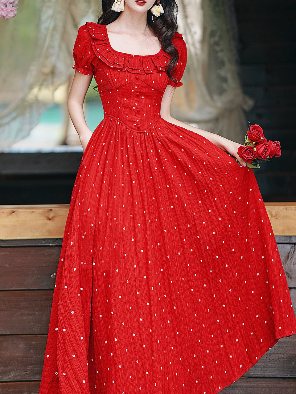 1950S Vintage Red Polka Dots Square Collar Swing Dress