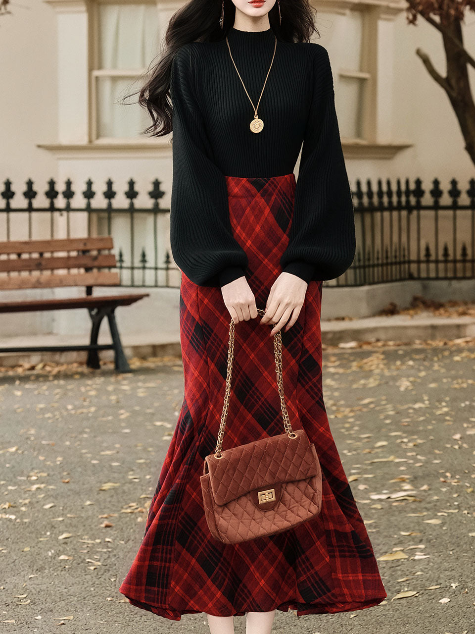 2PS Black Sweater And Red Plaid Fishtail Skirt 1950S Vintage Audrey Hepburn's Style Outfits