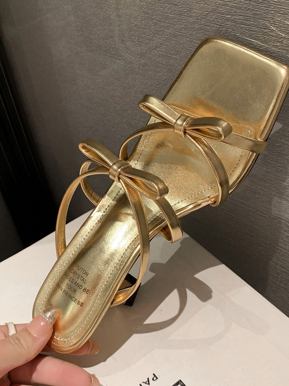 Low Heel Sandals Square Toe Bow Strap Leather Vintage Shoes