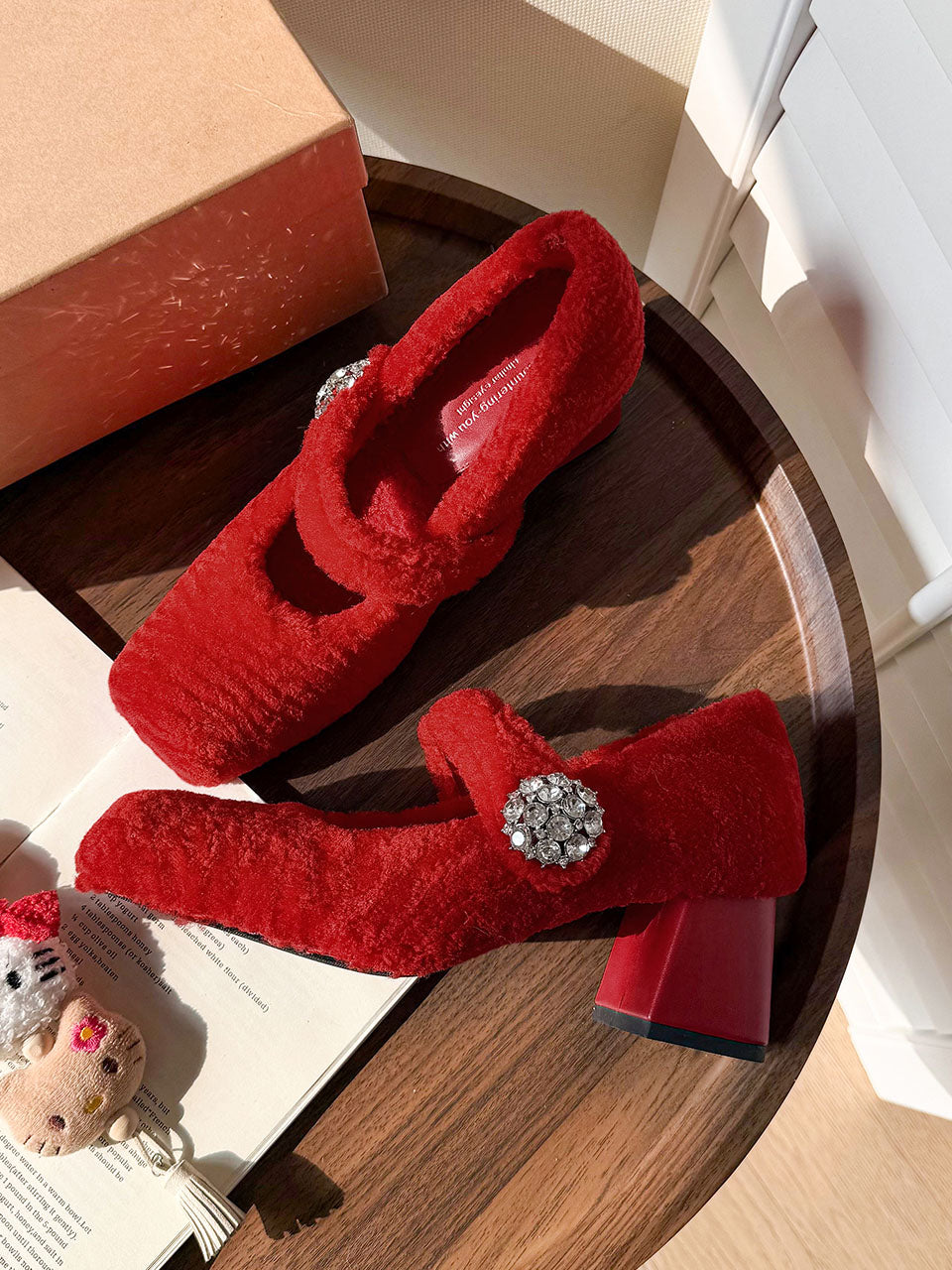 Winter Party Shoes Red Sheepskin Chunky Heel Pumps