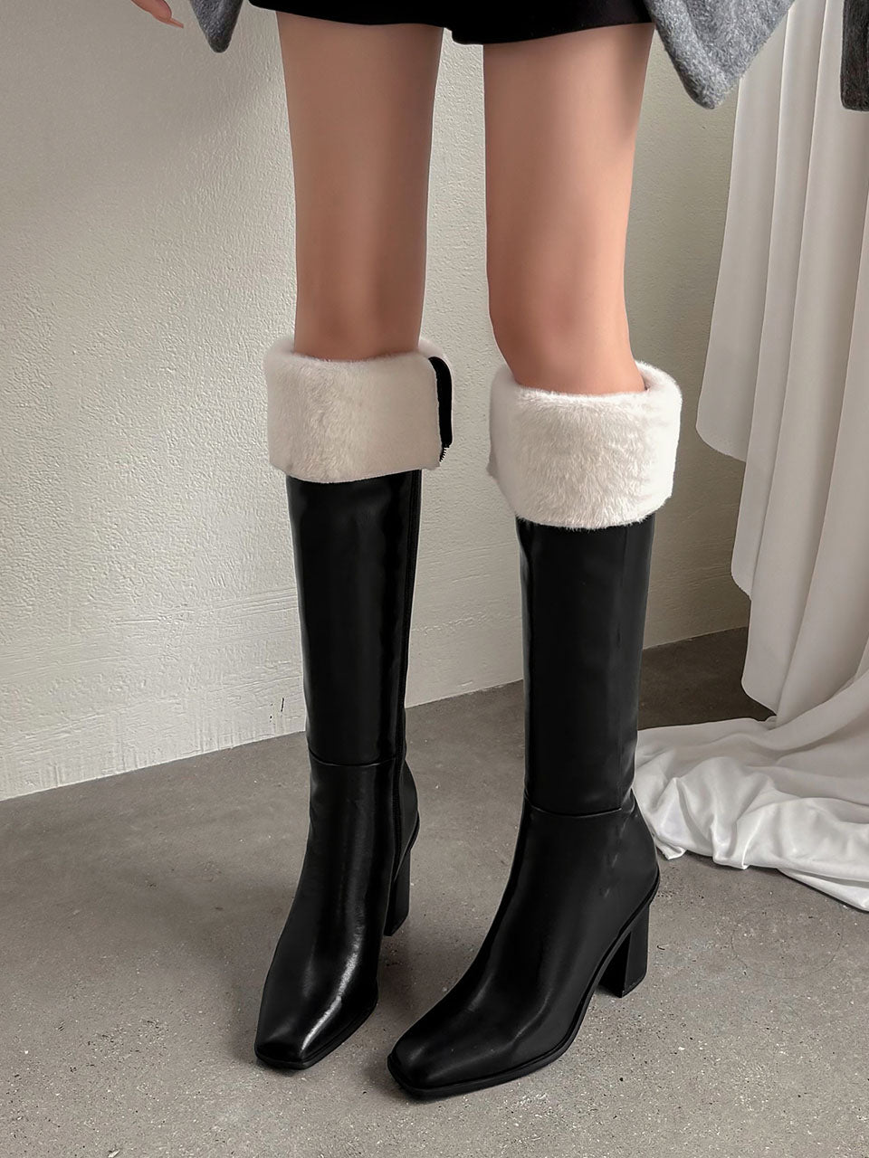 Chunky Heel Knee High Leather Winter Boots