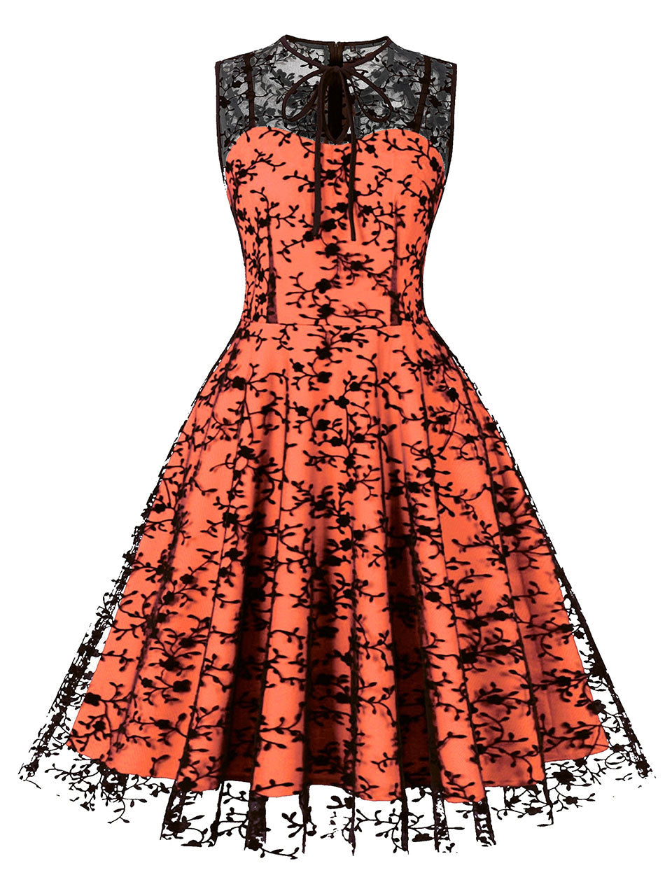 1950S Lace Semi-Sheer Flocking Printing Vintage Halloween Dress