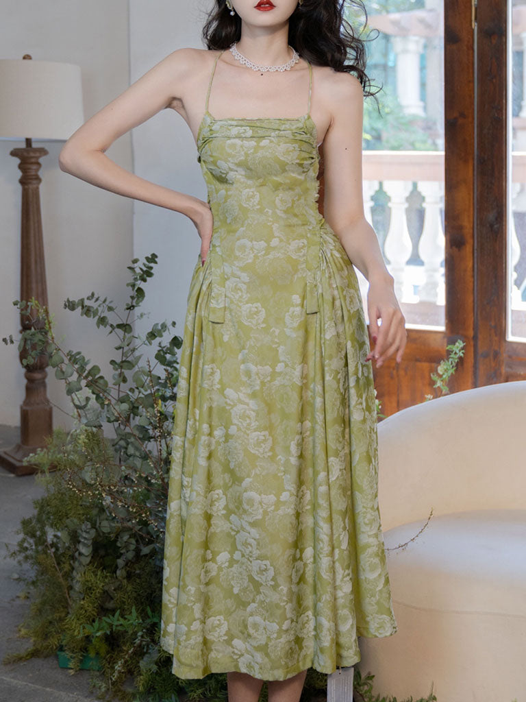 Green Rose Floral Spaghetti Strap 1950S Vintage Dress