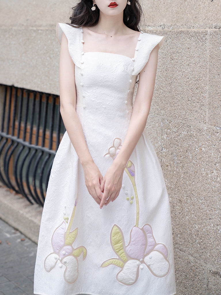 Apricot 3D Flower Butterfly Sleeve 1950S Party Vintage Dress