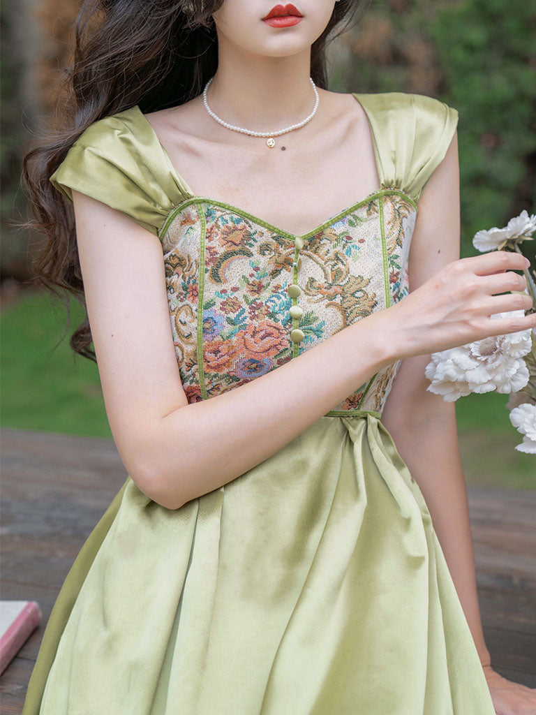 Green Rose Floral Off Shoulder 1950S Vintage Dress