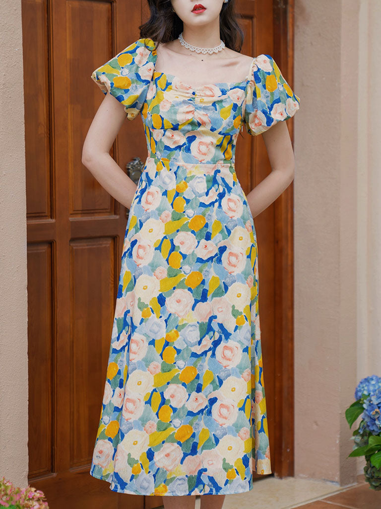 Yellow And Blue Floral Print Off Shoulder 1950S Dress