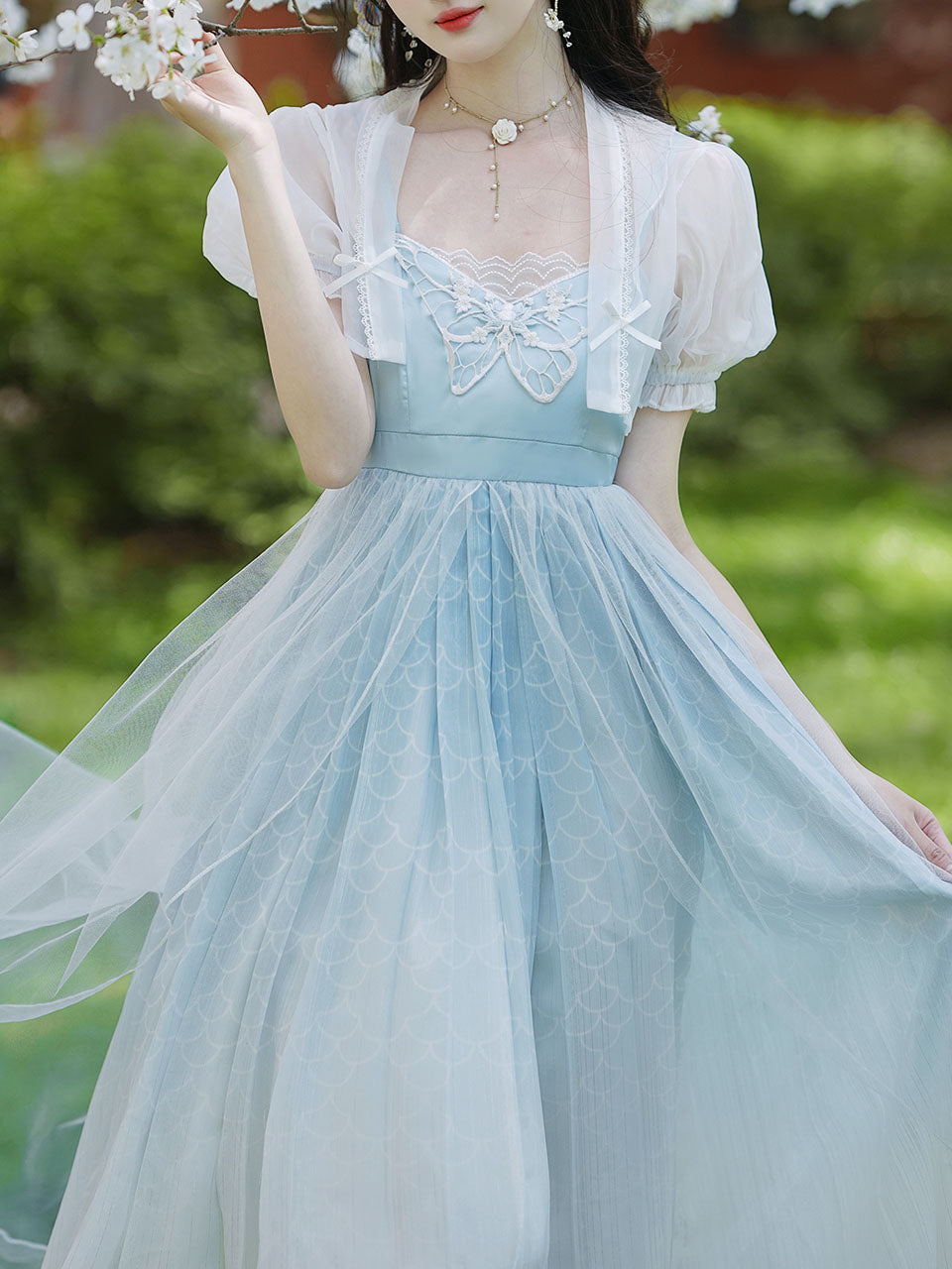 2PS Baby Blue Embroidered Butterfly Vintage Dress