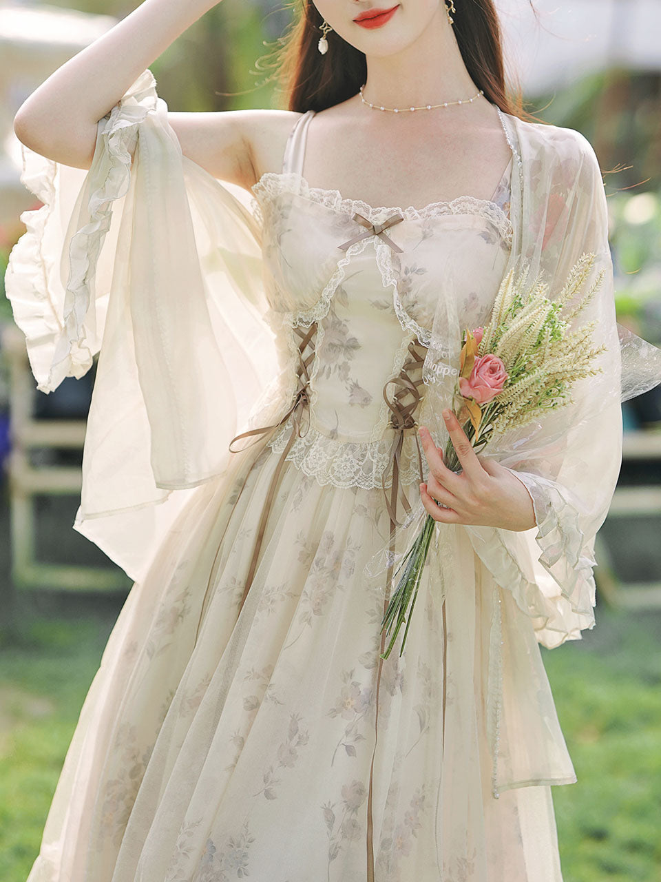 2PS Apricot Floral Print Ruffles Spaghetti Strap Princess Dress