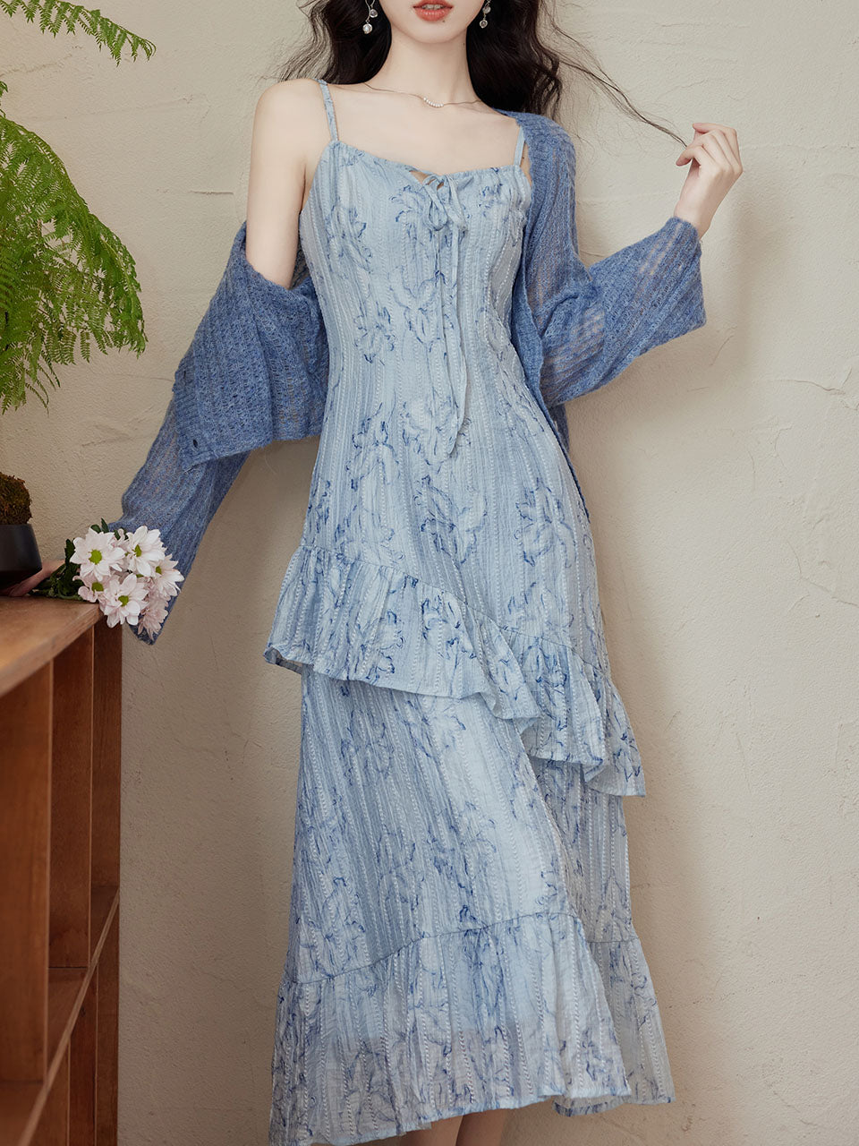 2PS Blue Floral Print Spaghetti Strap Dress