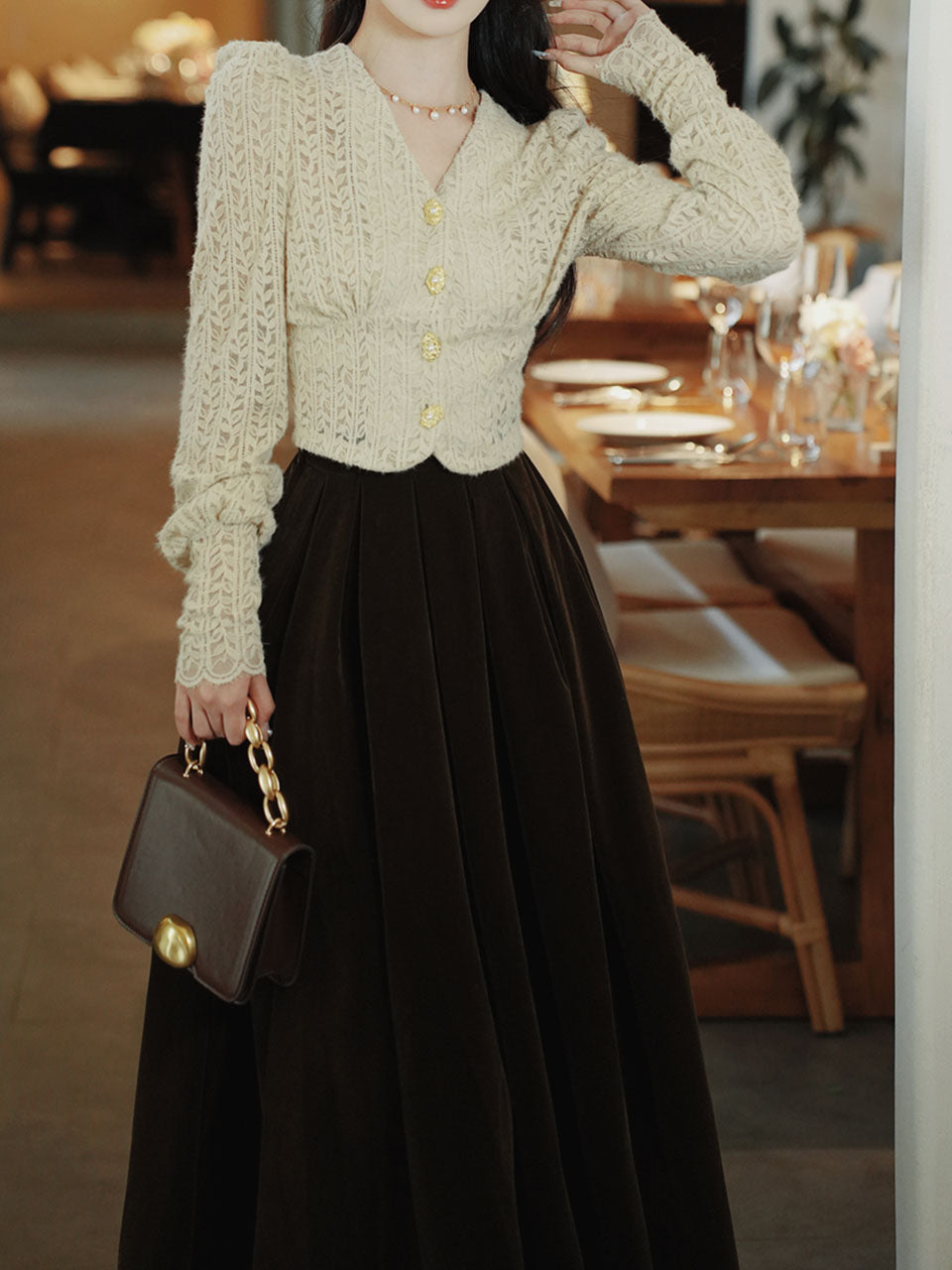 White Lace V Neck Top and Brown Velvet Swing Skirt Dress Set