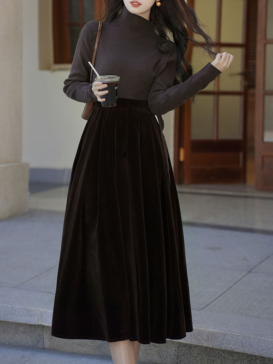 Brown Flower Turtleneck Sweater and Velvet Swing Skirt Dress Set