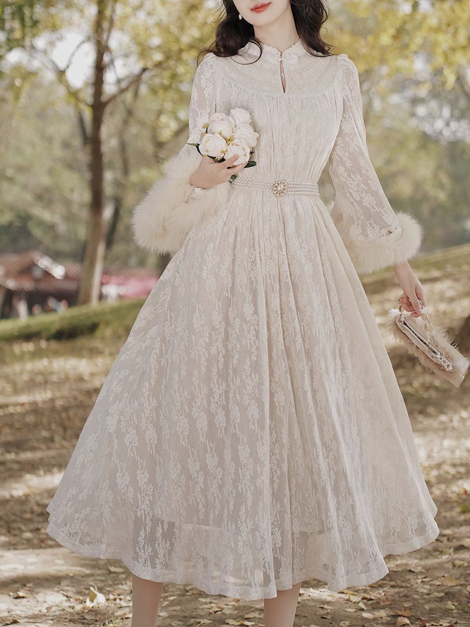Apricot Lace Fur Sleeve 1950S Vintage Dress
