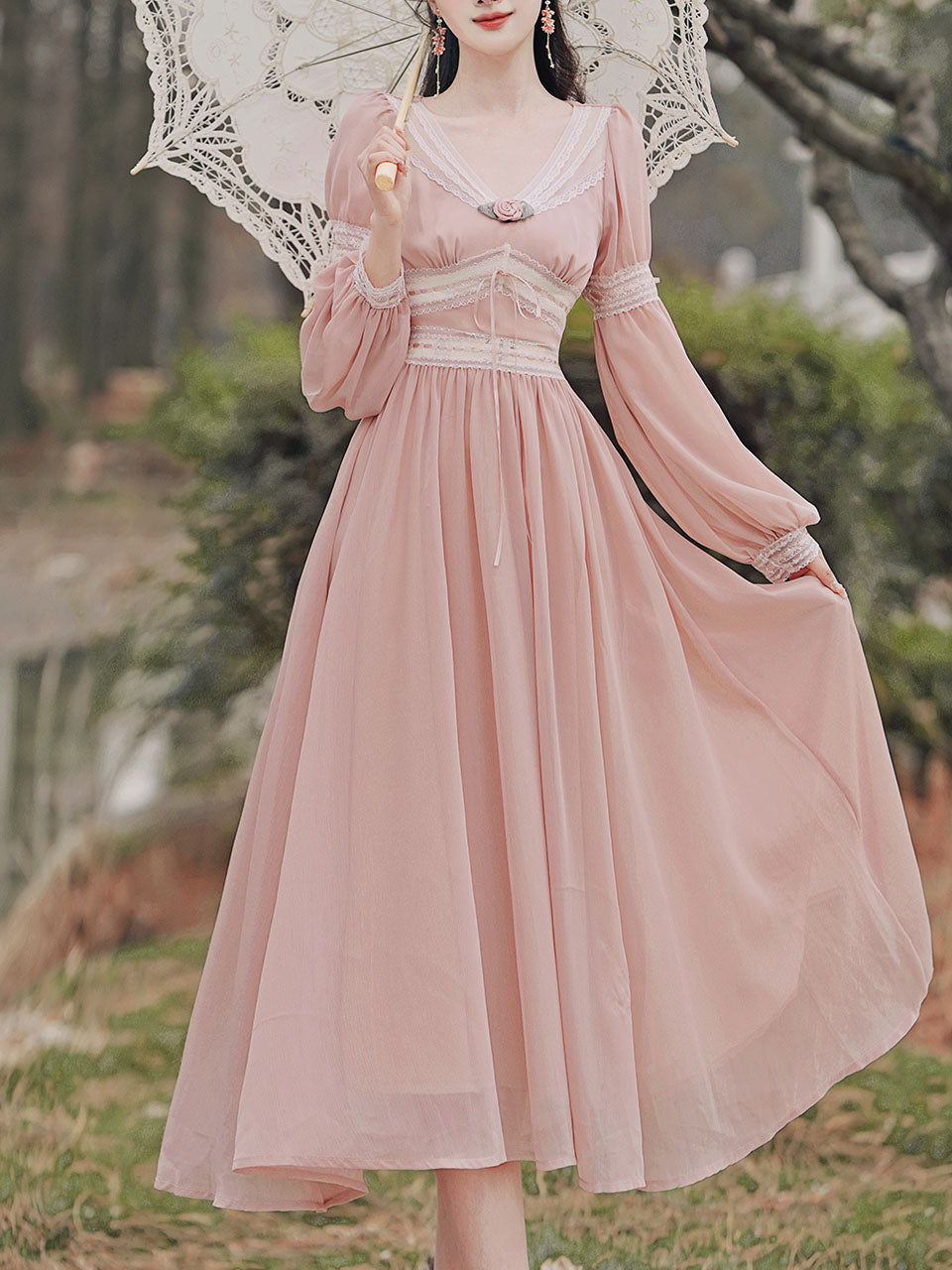 Pink Rose Girl Retro Lace V-neck Chiffon Long Lantern Sleeve Coquette Dress