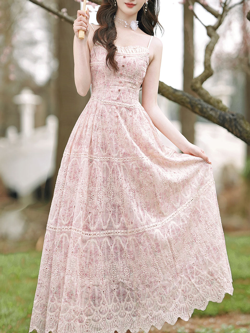2PS Pink Embroidered lace Spaghetti Strap Dress