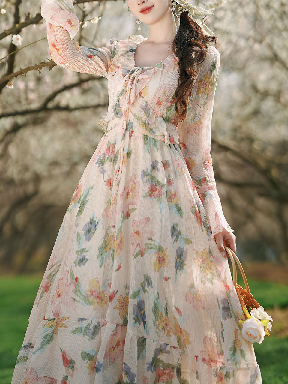 1950S White Ruffles V Neck Floral Print Swing Dress For Women