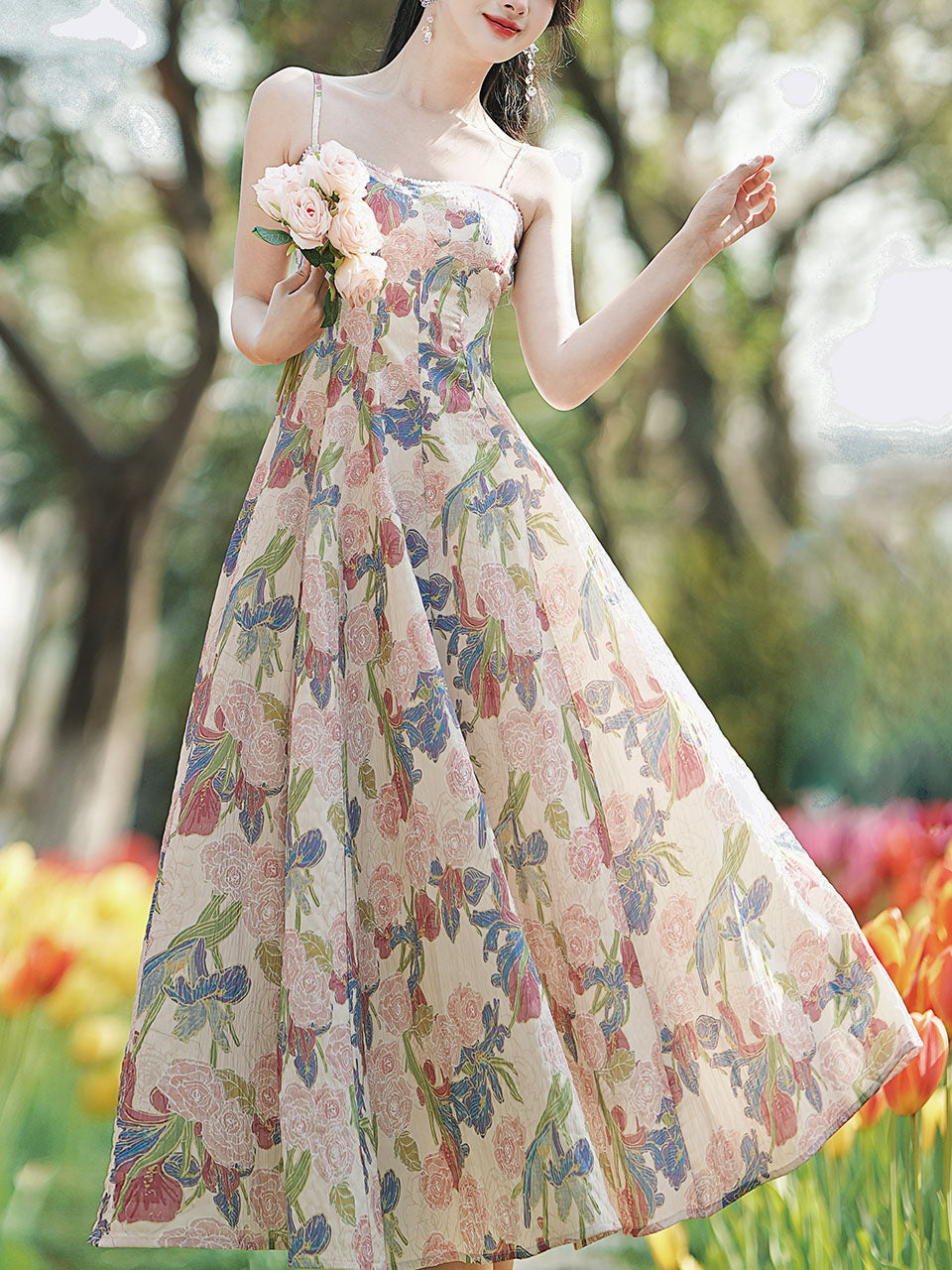 2PS White Floral Print Spaghetti Strap 1950S Vintage Dress