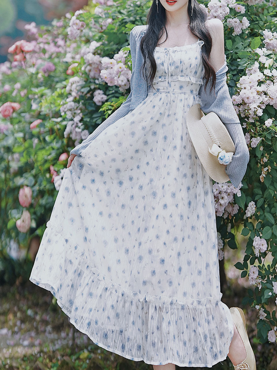 2PS Blue Floral Print Ruffles Spaghetti Strap Princess Dress