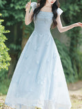 Baby Blue Sea Salt Flowers Delicate Fabric Square Neck Vintage Midi Cute Dress