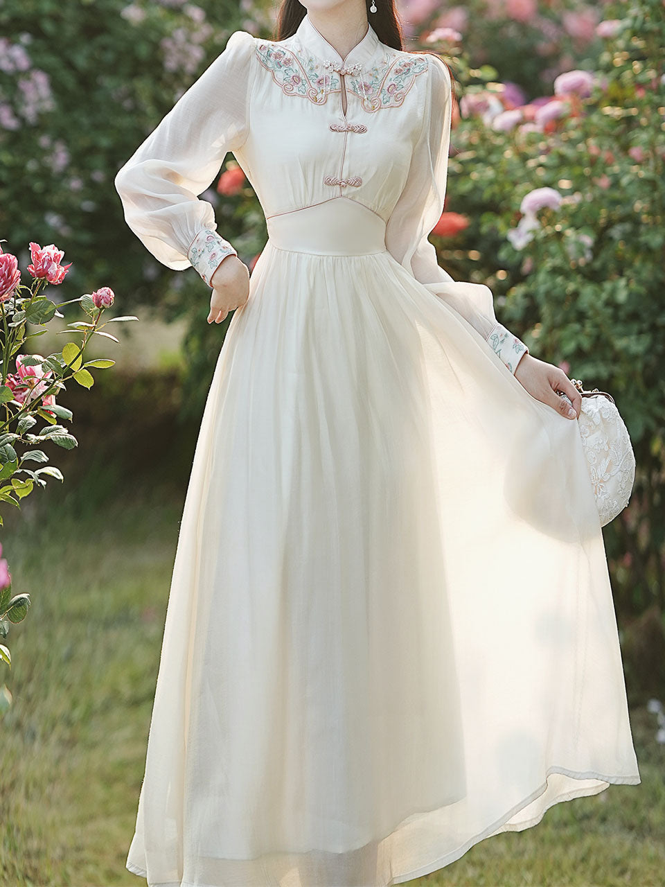 White Embroidered Long Sleeve Dress