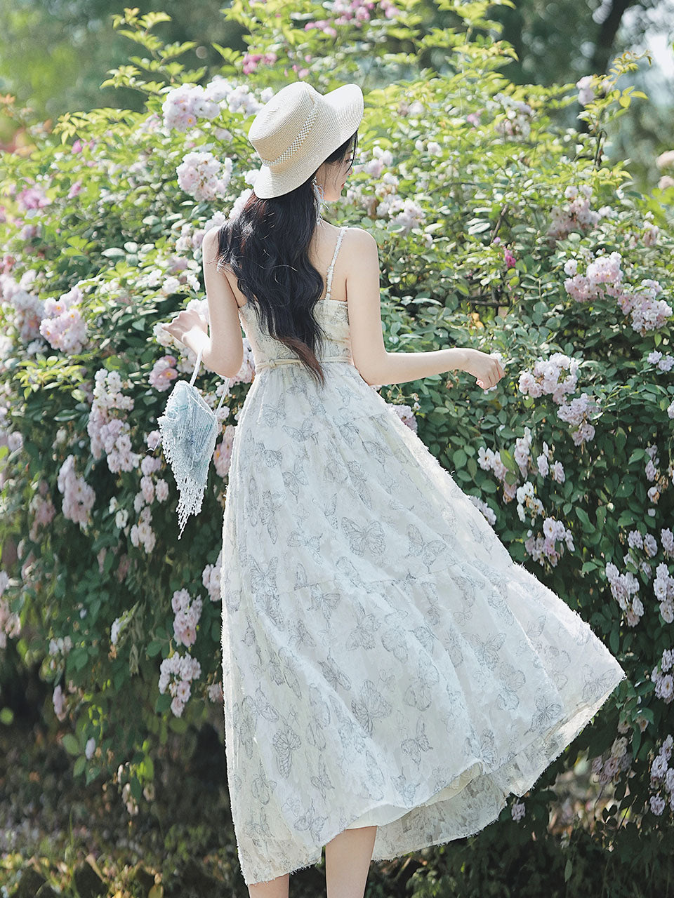 2PS White Butterfly Print Spaghetti Strap 1950S Vintage Dress