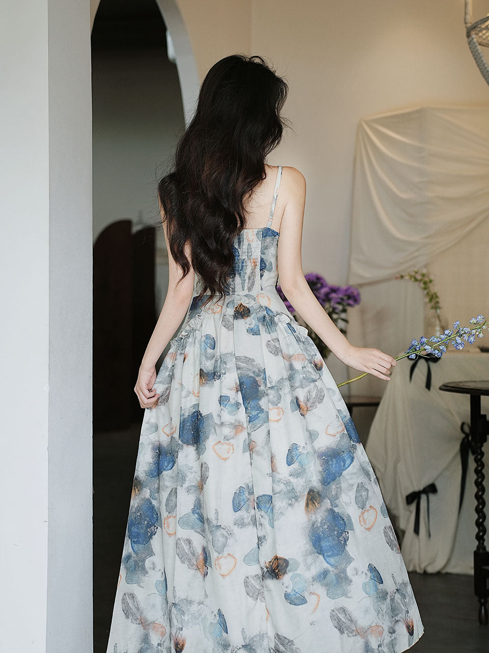 2PS Blue Floral Print Spaghetti Strap 1950S Vintage Dress
