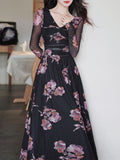 Black V-neck Floral Print Long Sleeve Maxi Dress