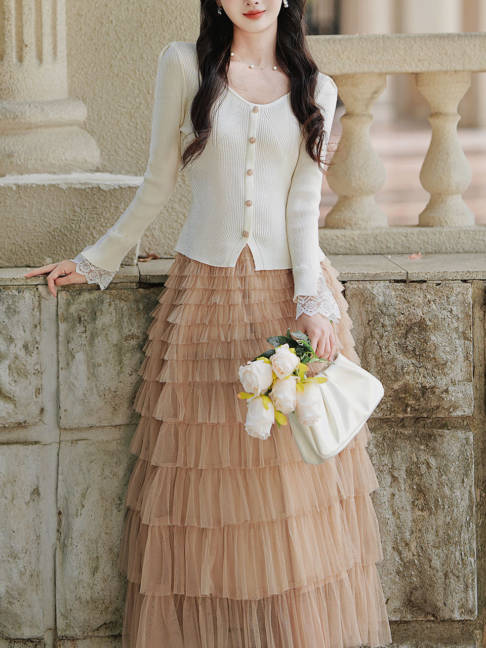 2PS White V Neck Knitted Sweater and Swing Mesh Fairy Skirt Dress Set