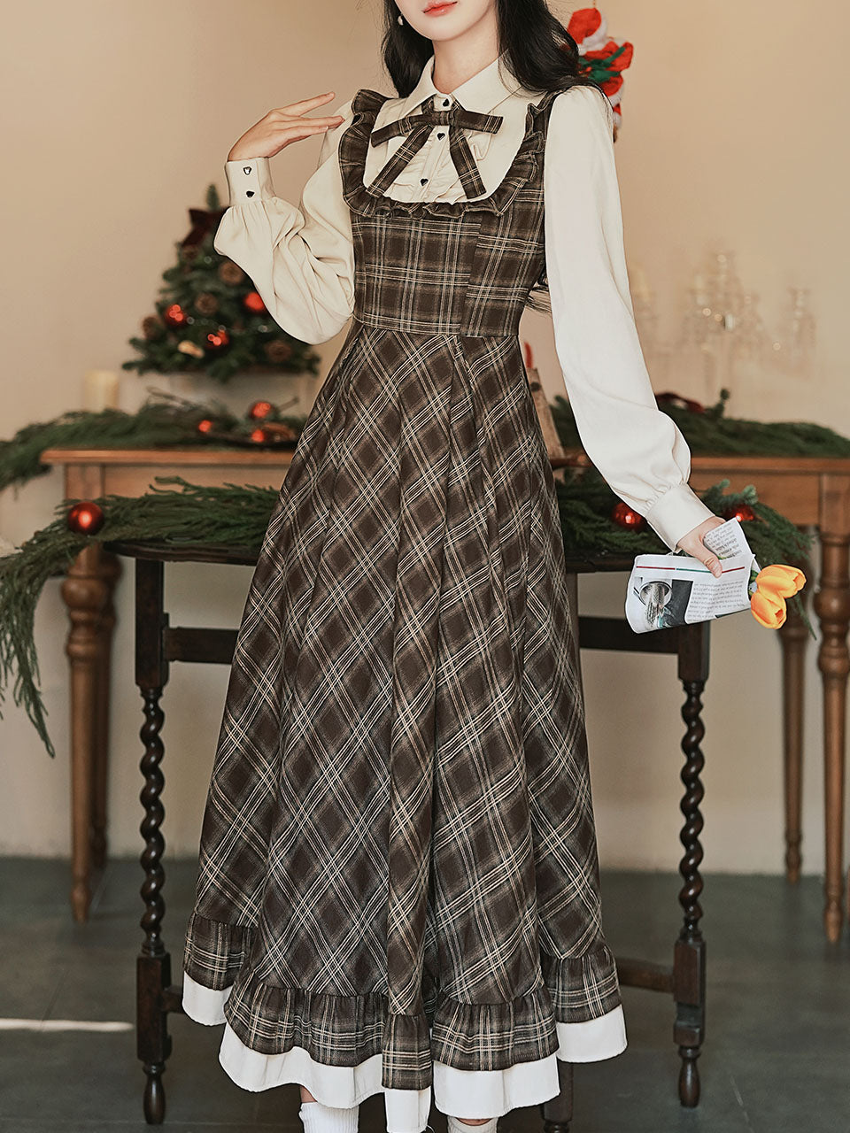 Brown Plaid Fake Two-Piece Long Sleeve Vintage Dress