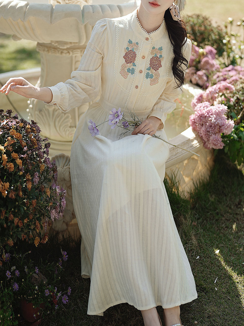 White Stand Collar Long Sleeved Embroidered Cotton Dress