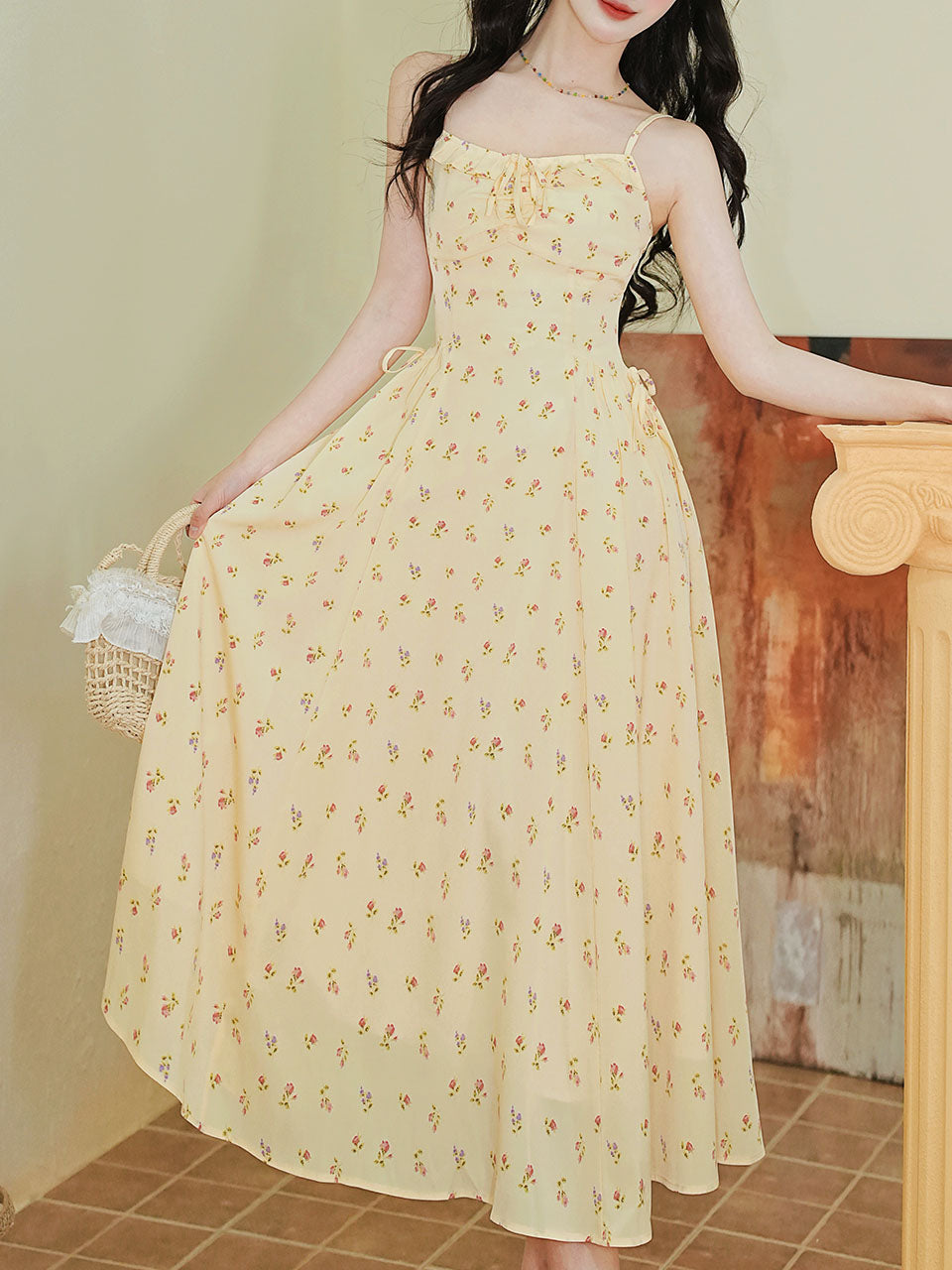 2PS Yellow Floral Spaghetti Strap 1950S Vintage Dress