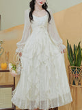 Vintage White Square Neck Butterfly Sequins  Lace Ruffle Long Sleeve Dress