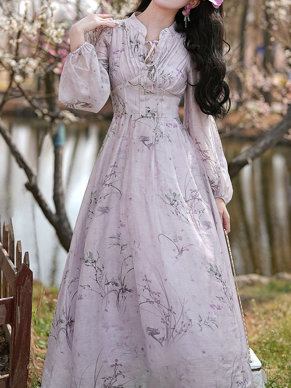 Purple Stand Collar Puff Long Sleeve Vintage Dress