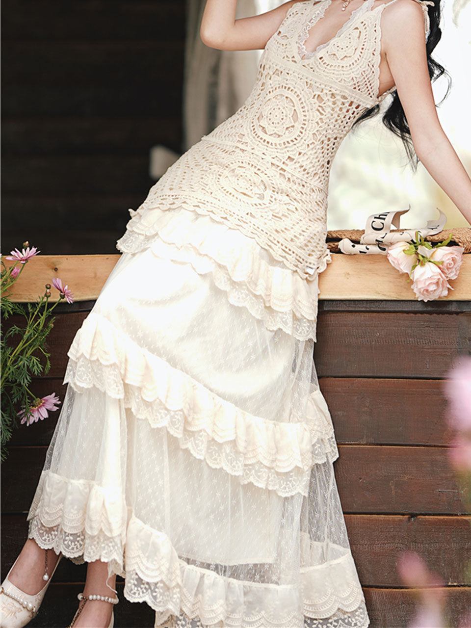 1950S Vintage White Hollow Crochet Cover Up and High Waist Lace Skirt Set