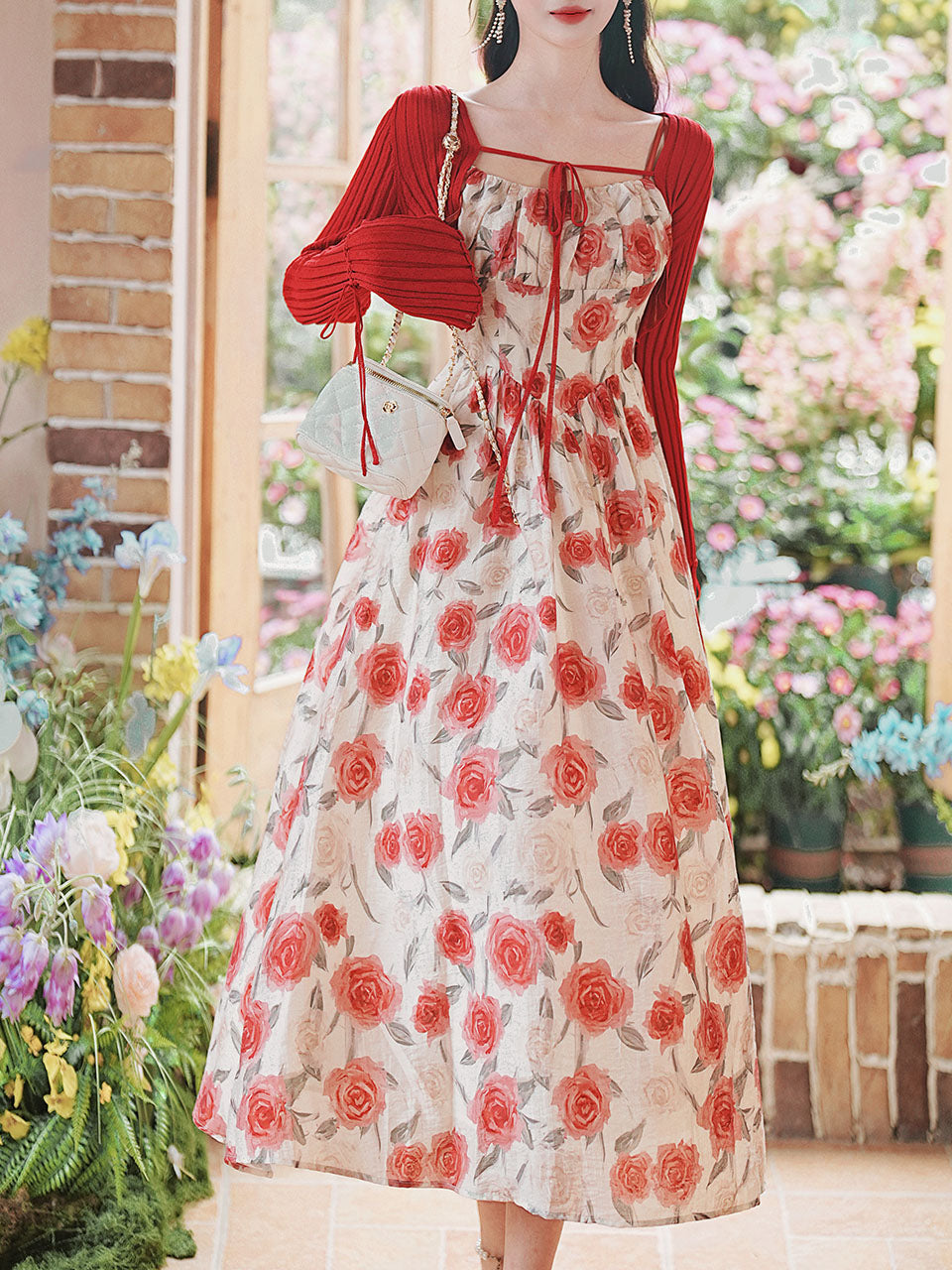 2PS Red Rose Spaghetti Strap 1950S Vintage Dress
