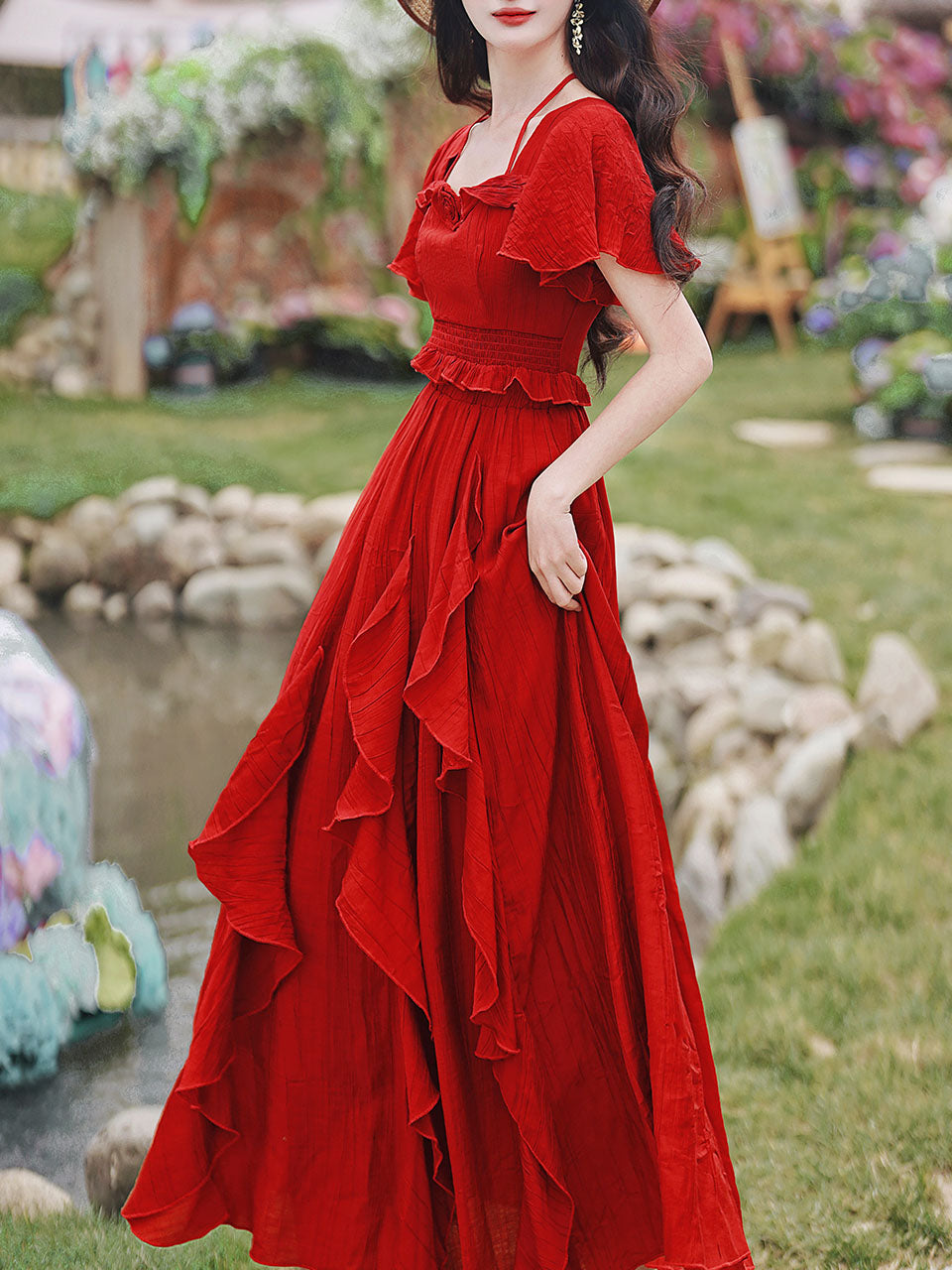 2PS Red Rose Ruffles Spaghetti Strap Top and High Waist Swing Dress Set