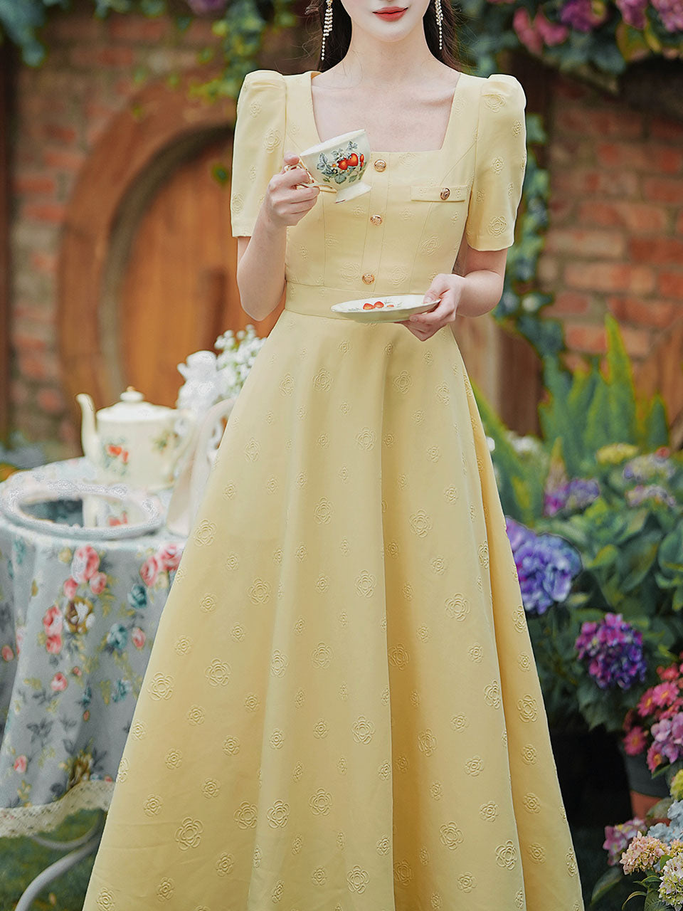 Yellow Square Neck Short Sleeve 1950S Vintage Dress