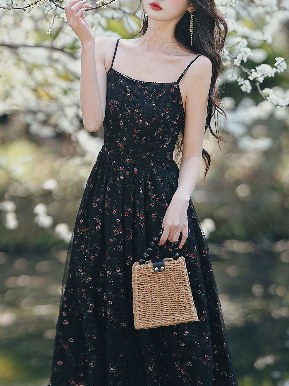 2PS Vintage Black Floral Chiffon Maxi Dress